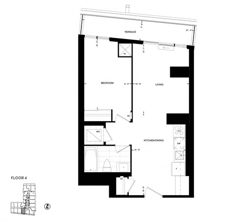 Floor plan for 1 bed, 1 bath, 626 sqft